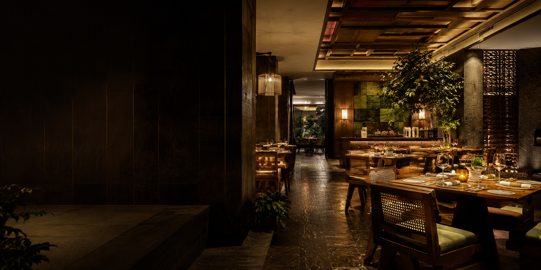 An elegant contemporary dining room prepared for evening service